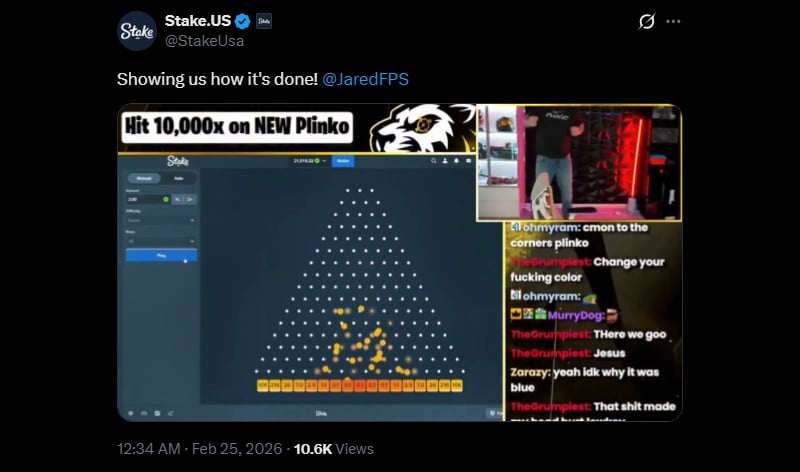Twitter JaredFPS Hits New Stake Plinko Max